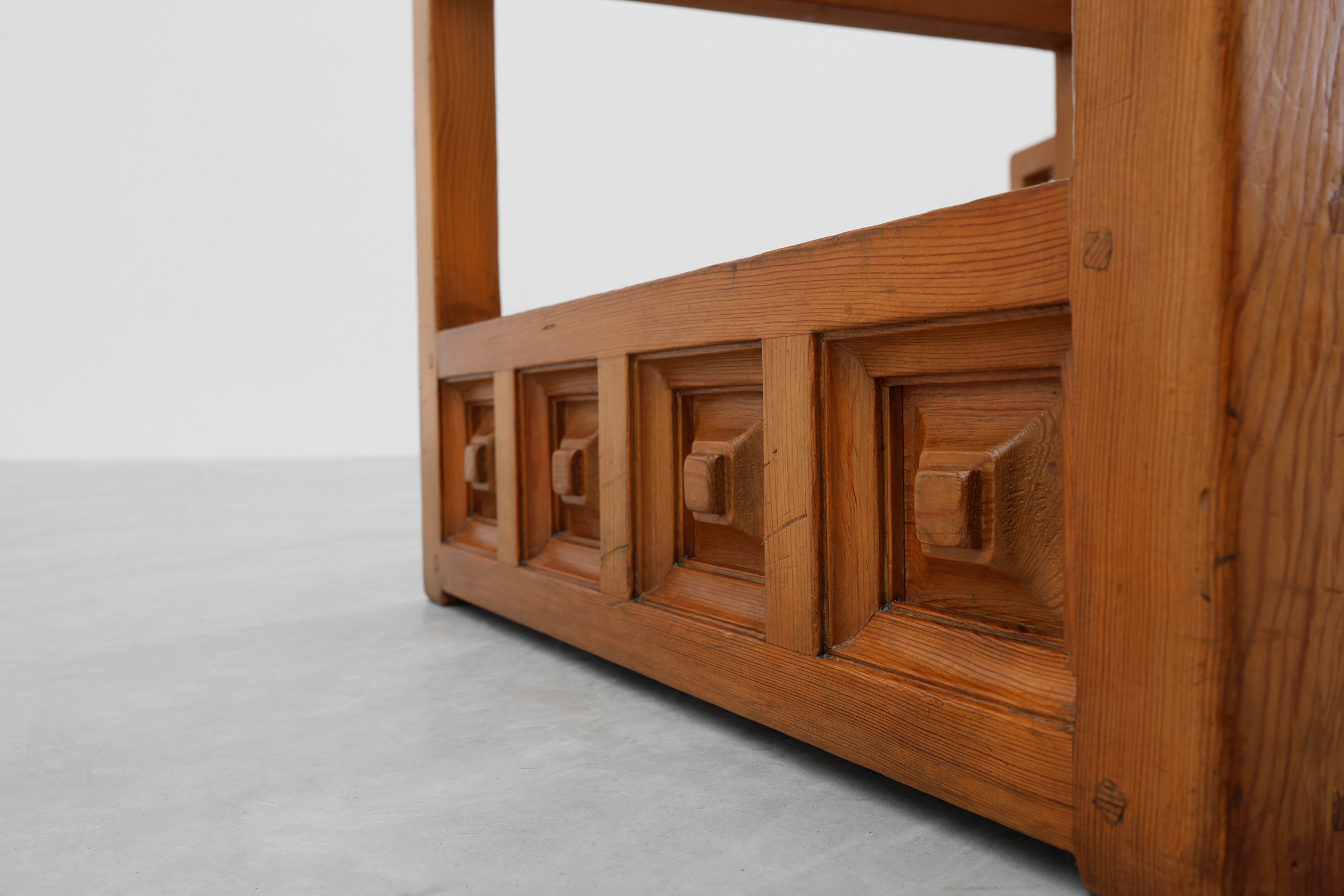 Pair geographical designed square Biosca coffee tables in pine wood, Spain 1960sthumbnail
